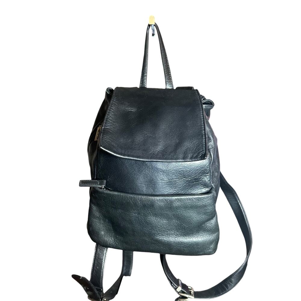 Vintage Perlina Black Leather Mini Backpack Drawstring Y2K 90s